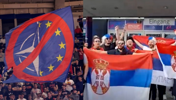 Serbų fanai į areną norėjo įsinešti vėliavą su užrašu: „Serbija ir Rusija amžinai! NATO - teroristai“